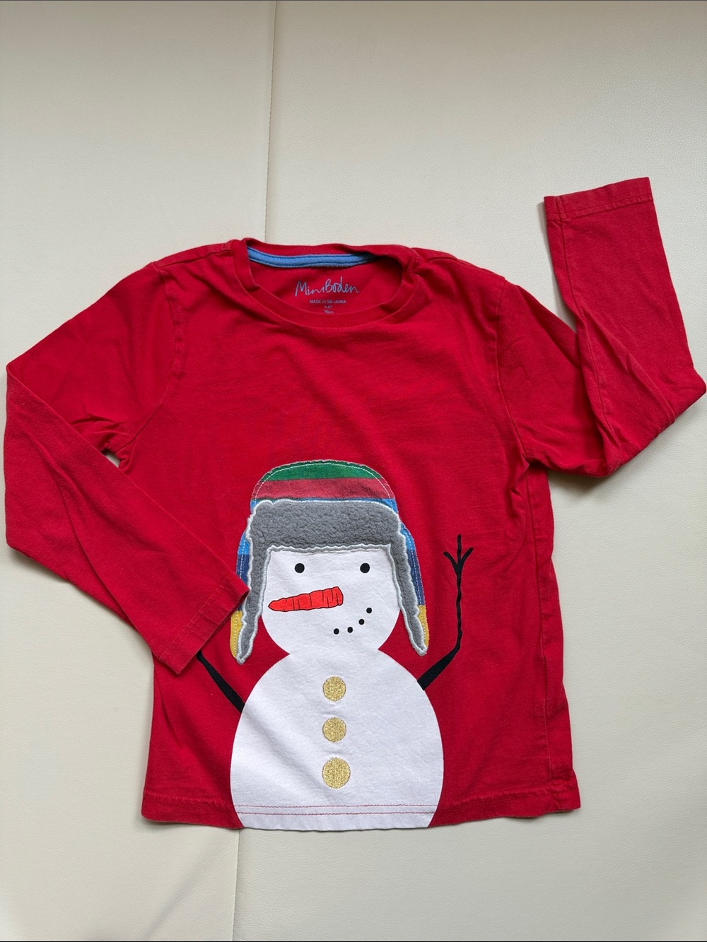 Mini Boden Red Snowman Hat Appliqué Long-Sleeve Tee
